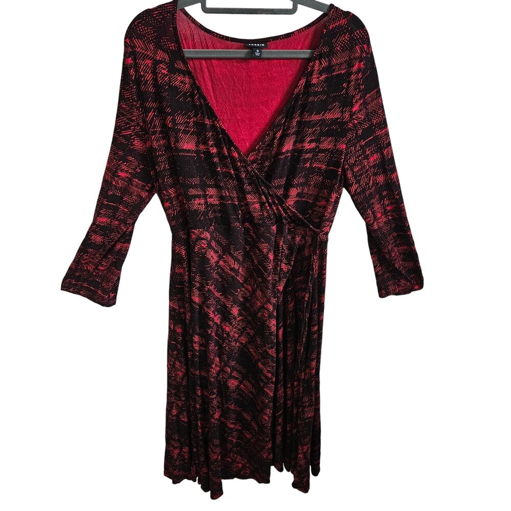 Torrid Women's 0 Wrap Front Midi Dress Black Red Abstract Line Print 3/4 Sleeve